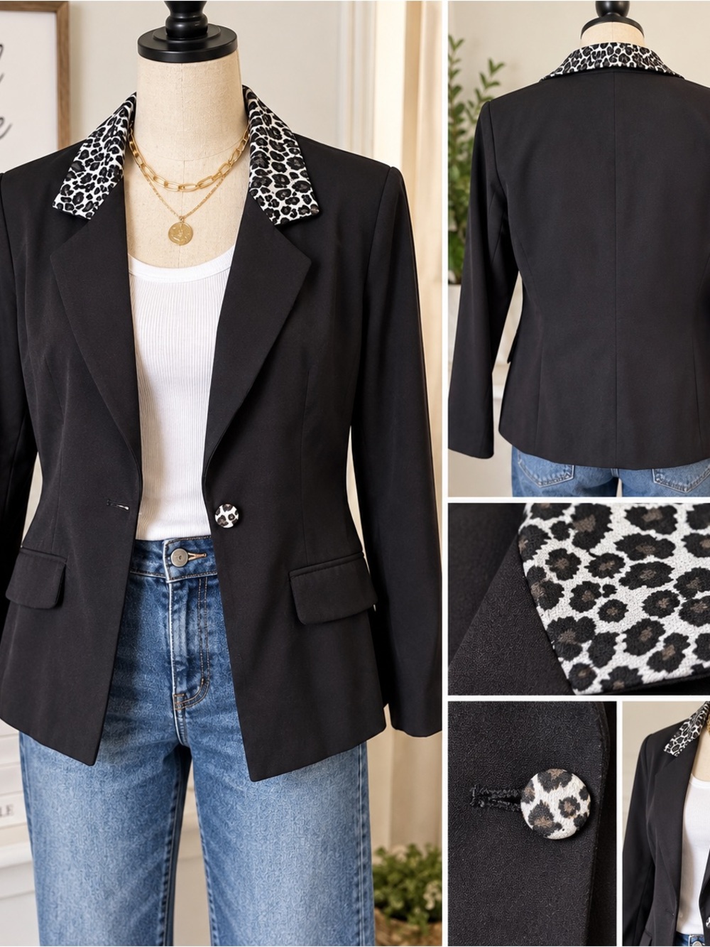 Simply Irresistible Women’s M Black Blazer Leopard Print Collar Animal Print Y2K